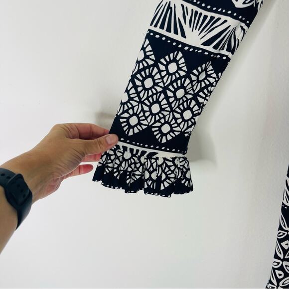 Eliza J blue white abstract preppy ruffle coastal office stretchy dress 6 - Picture 4 of 7